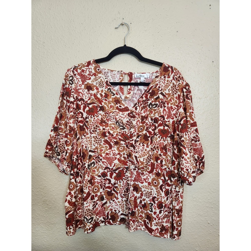 Sam Edelman Womens XL Rust Floral Paisley V-Neck Puff Sleeve Blouse